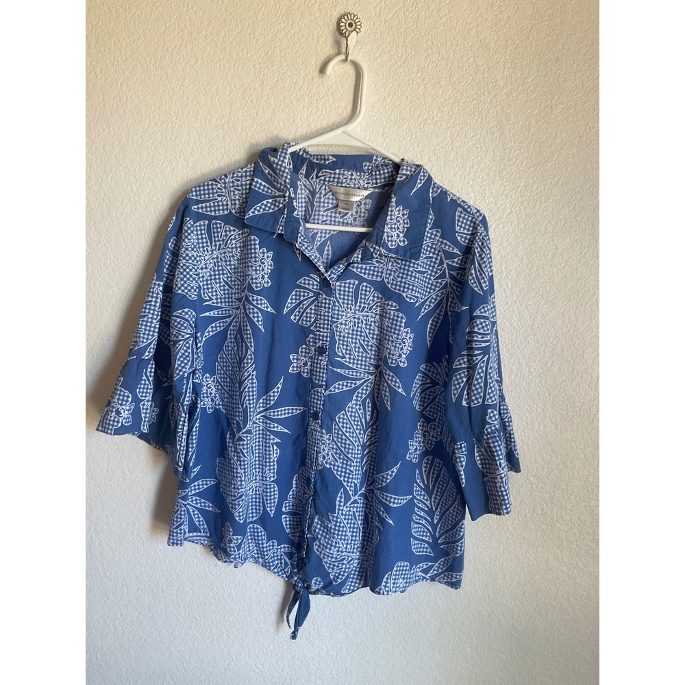 Christopher & Banks Blue White Floral Gingham Tie Front Bell Sleeve Top XL - Picture 1 of 8